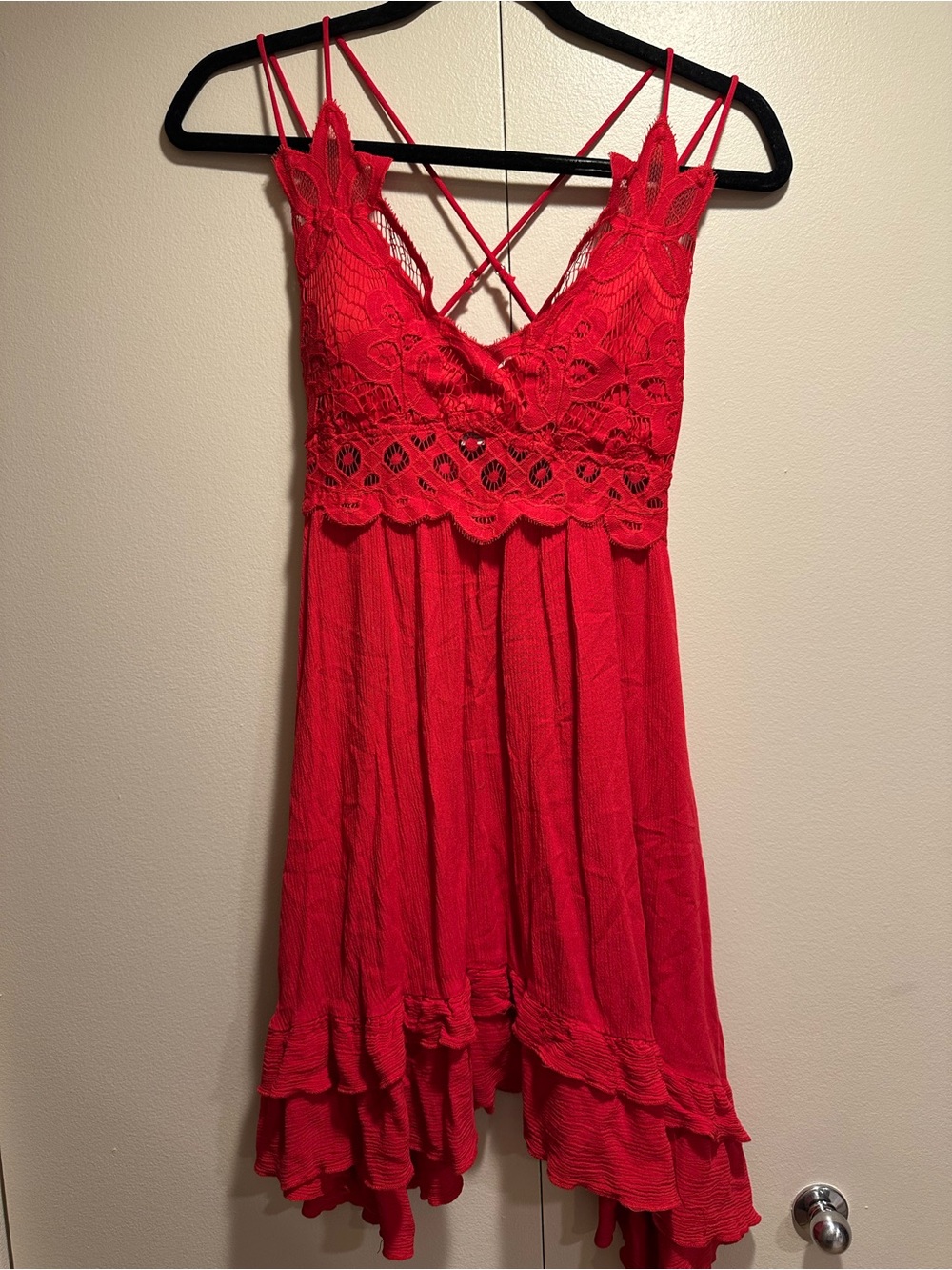Red Lace Overlay Spaghetti Strap Dress